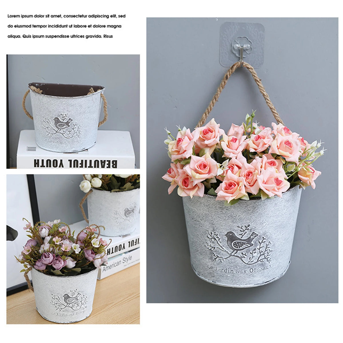 pots fleurs suspendus oiseau gravure gris métallisé vintage rustique corde naturelleintérieurextérieur