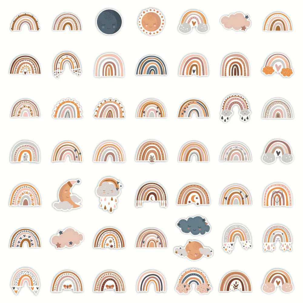 autocollants boho chic arc ciel nuages étoiles lunes feuilles marron beige gris blanc imperméables