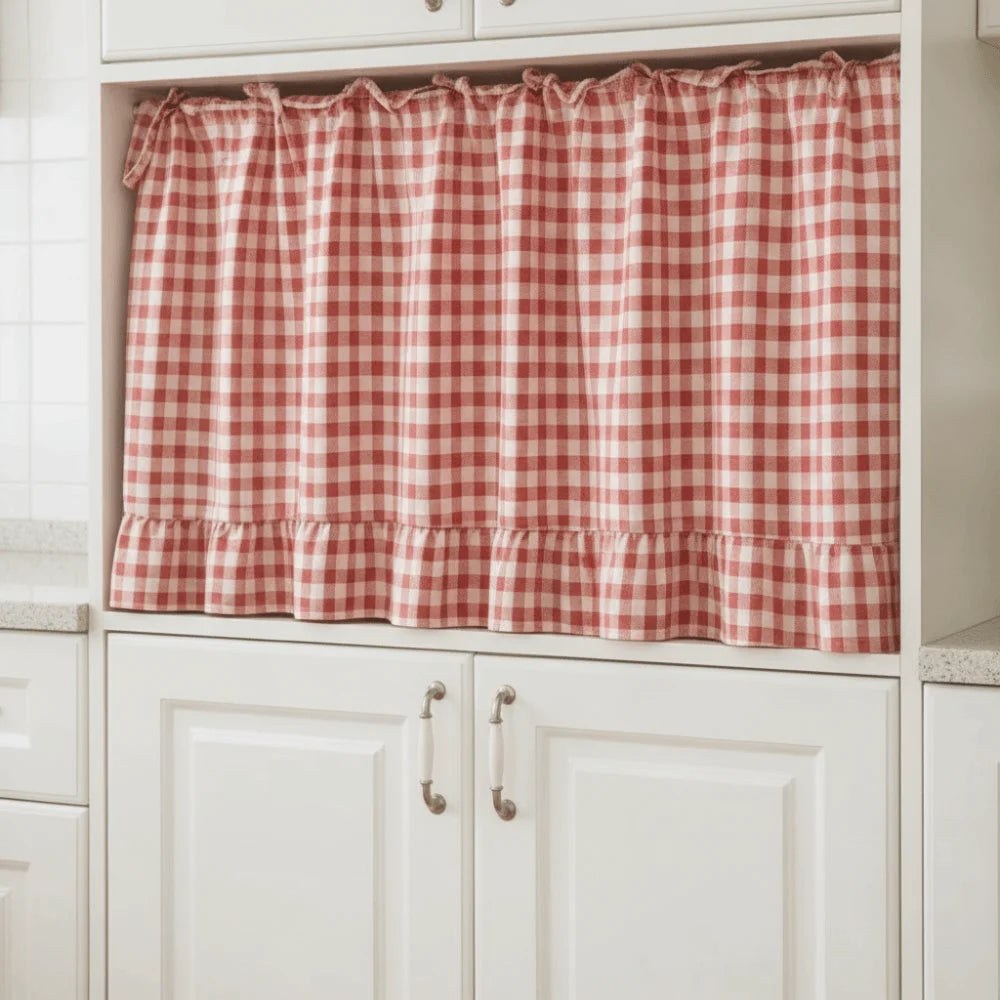 rideau cuisine carreaux coton classique ruban fixation blanc marron rouge bleu vert beige