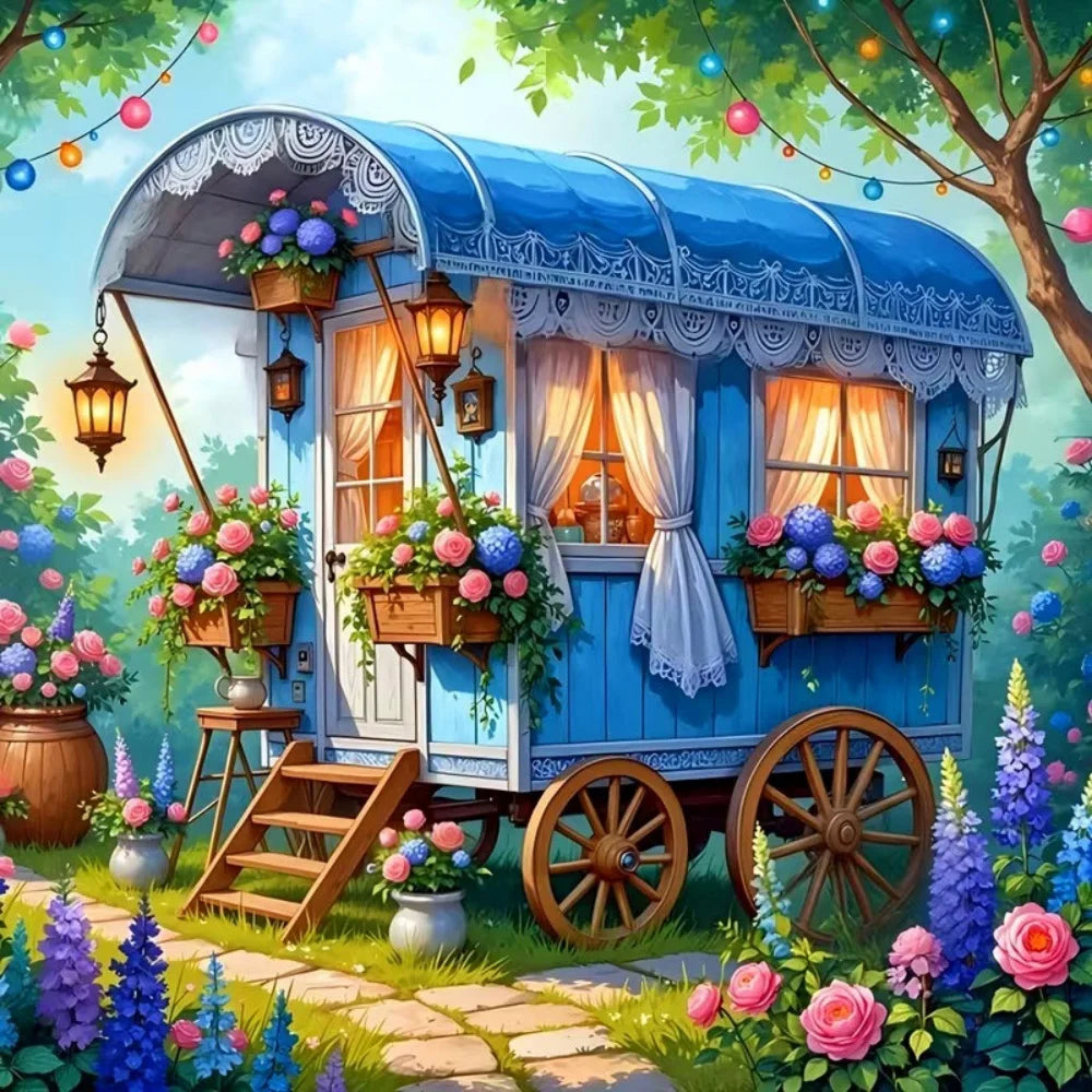 tableau peindre numéro floral caravane paysage vintage diy facile couleurs vives pinceaux decorationintérieur