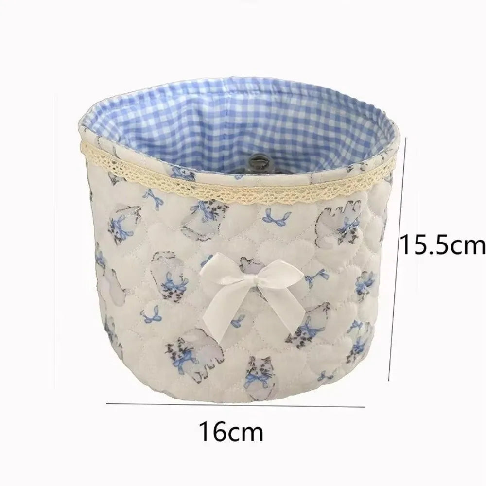 panier vichy rose clair imprimé moutons bleus fleurs vintage dentelle bordure ruban