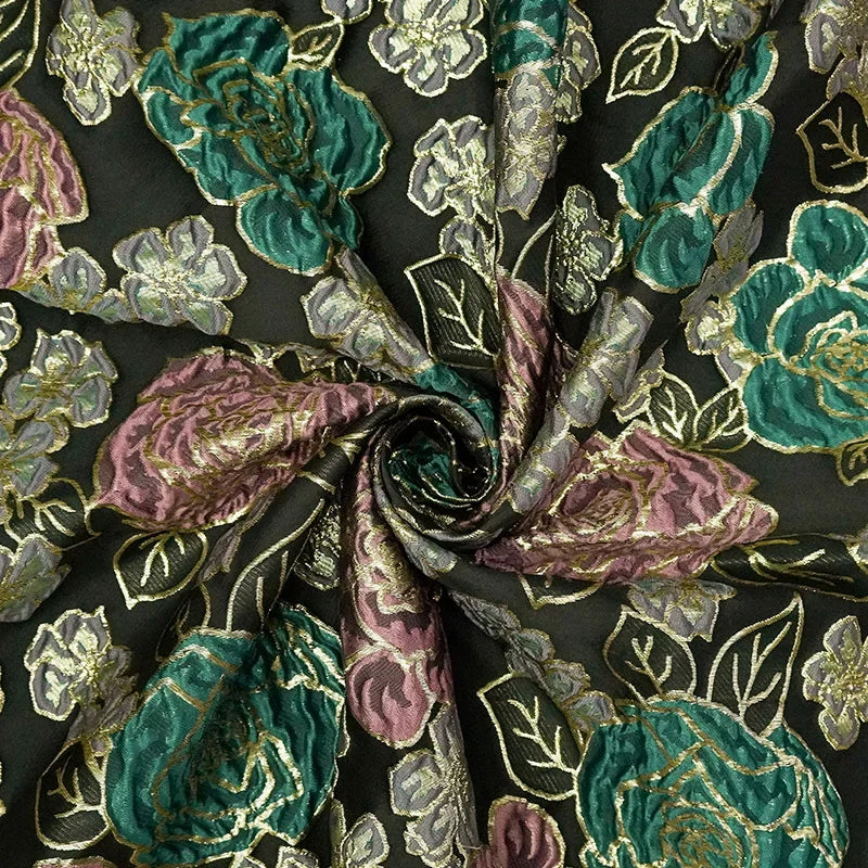 tissu brodé floral roses motifs élégants noir vert mauve or gris texturé 140cm