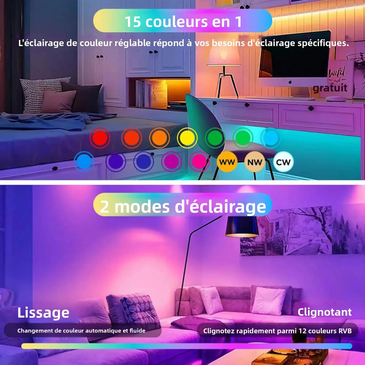 ampoule led rechargeable blanc moderne télécommande 15 couleurs températures adhésif