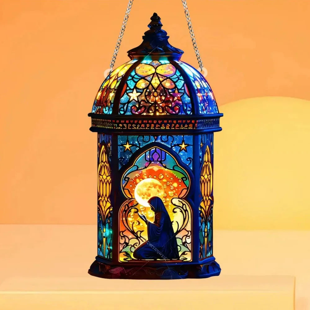 lanterne art nouveau bleu orange motifs floraux étoiles rétro opacité chaînes fixations murales
