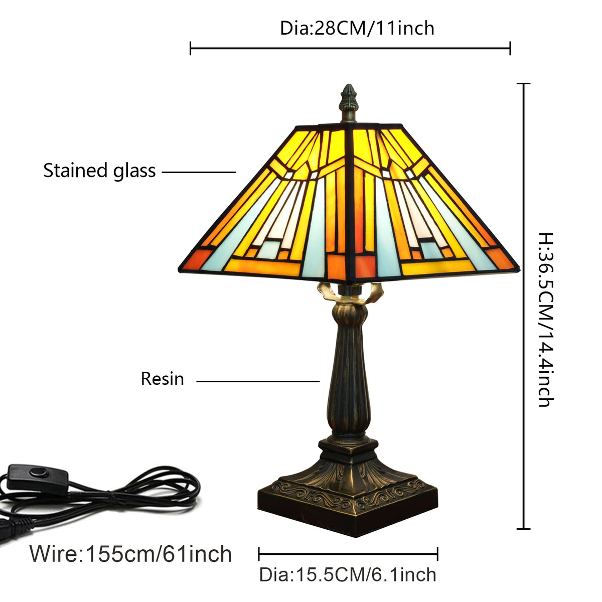 lampe table art déco vitrail couleur noir marron orange jaune bleu blanc motifs géométriques