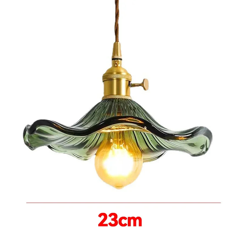 lampe suspendue vintage vert orange transparent fleur ondulée art déco chaîne torsadée