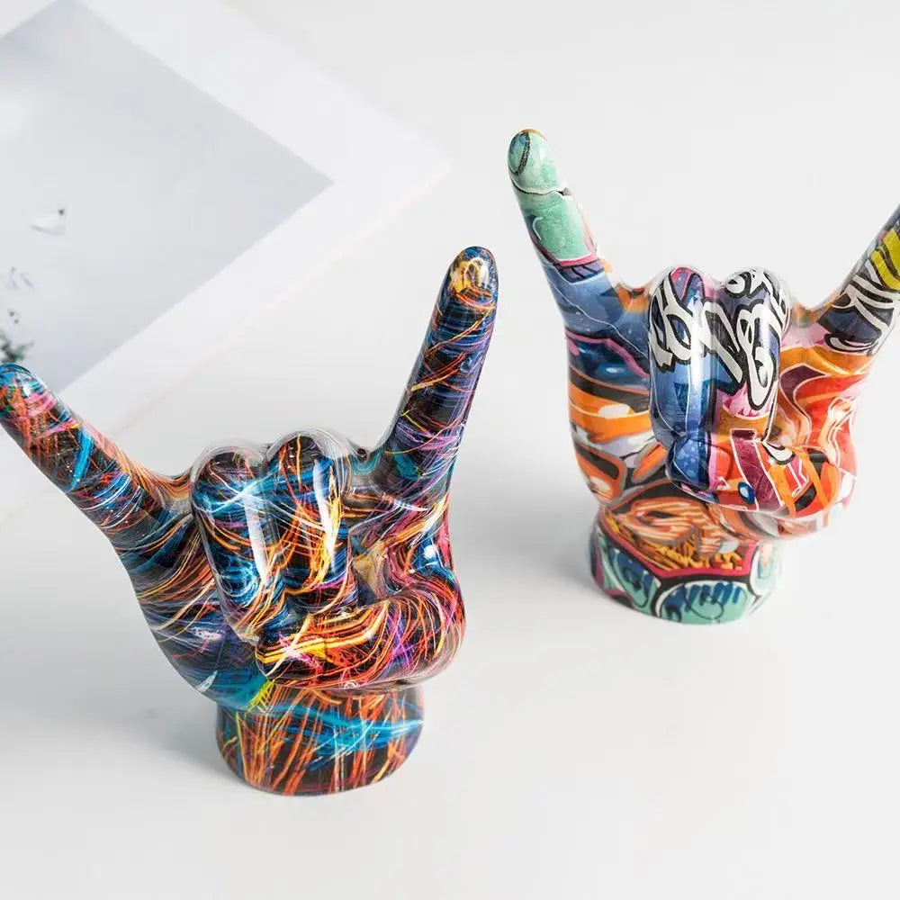 statues decoratives rock on main graffiti moderne bleu orange jaune noir vert blanc pop