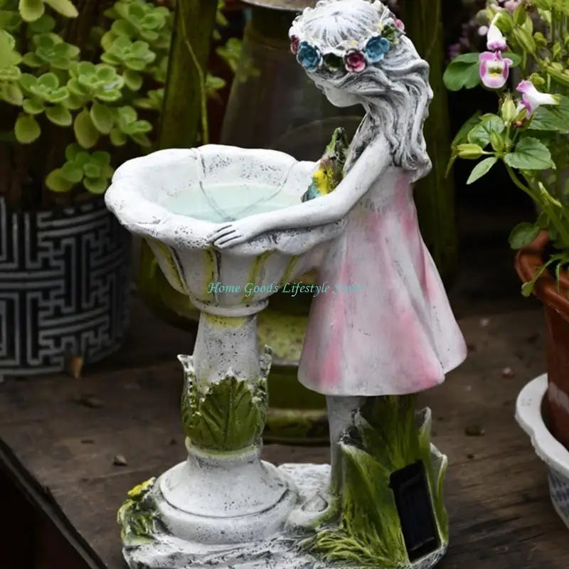 fontaine decorative ange fee jardin lumiere led blanc rose verte fleurs artificielles