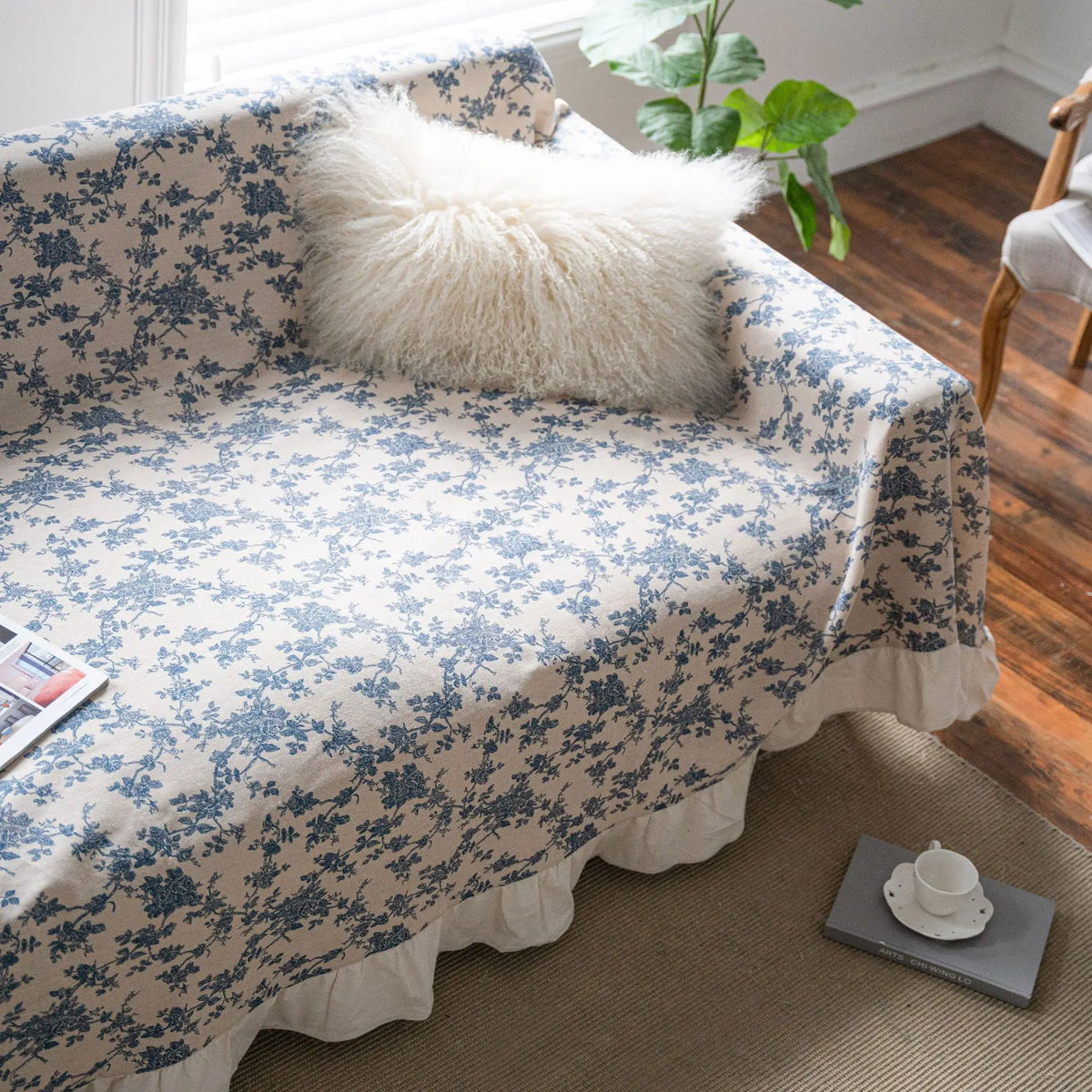 couverture canapé coton lin vintage motif floral beige bleu opacité extérieur accueil automatique lavage