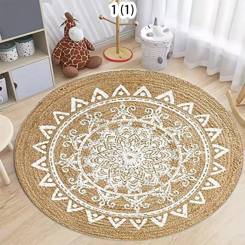 tapis rond moderne boho motifs géométriques floraux beige blanc salon chambre