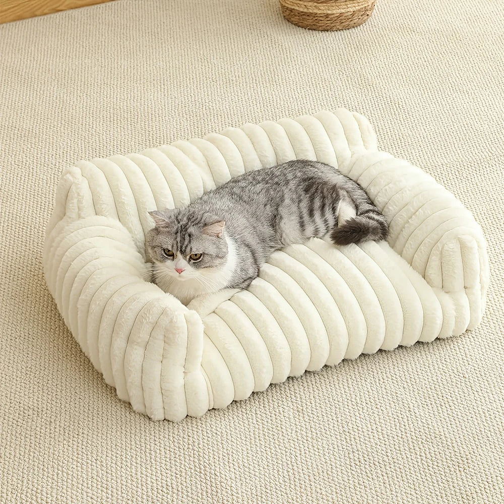 lit chat gris blanc velours rayures moderne confortable