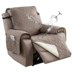 housse fauteuil inclinable motif géométrique gris beige moderne quilté poche rangement ceinture fixations