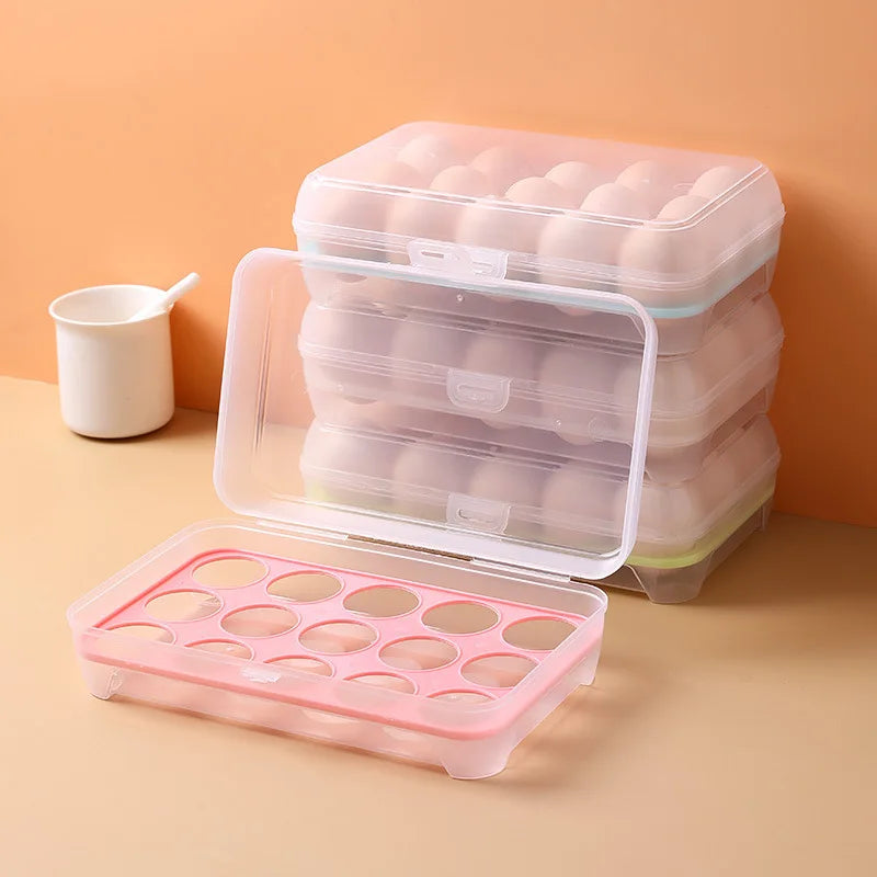 boîte œufs transparente pratique moderne 15 grilles clips poignées bleu clair rose clair plastique