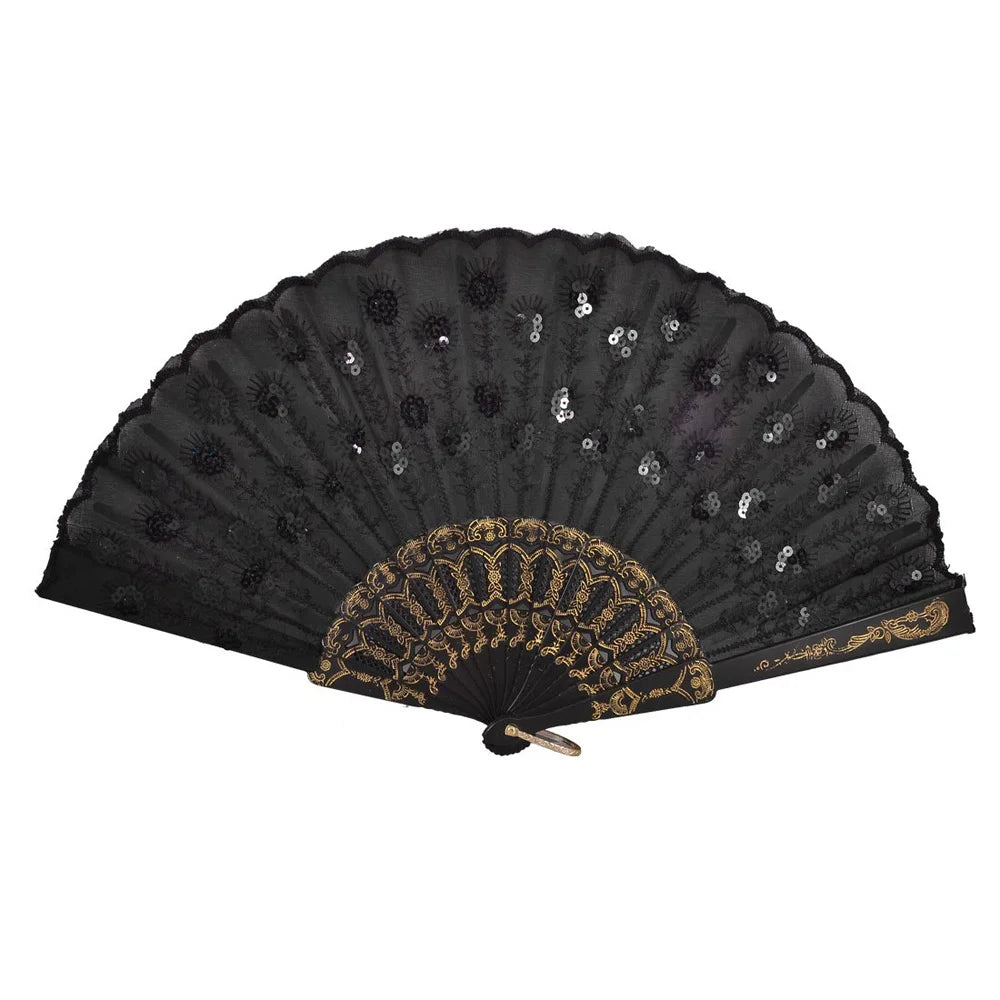 éventail main pliable paillettes dorées dentelle noire classique poignée bois opaque