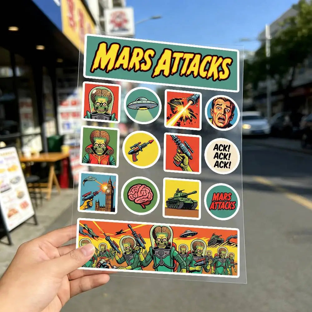 stickers adhésifs rétro mars attacks extraterrestres soucoupes volantes buildings armes 20x30cm 30x40cm