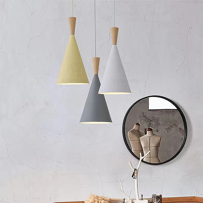 suspension lumineuse moderne conique aluminium bois salon table manger chambre
