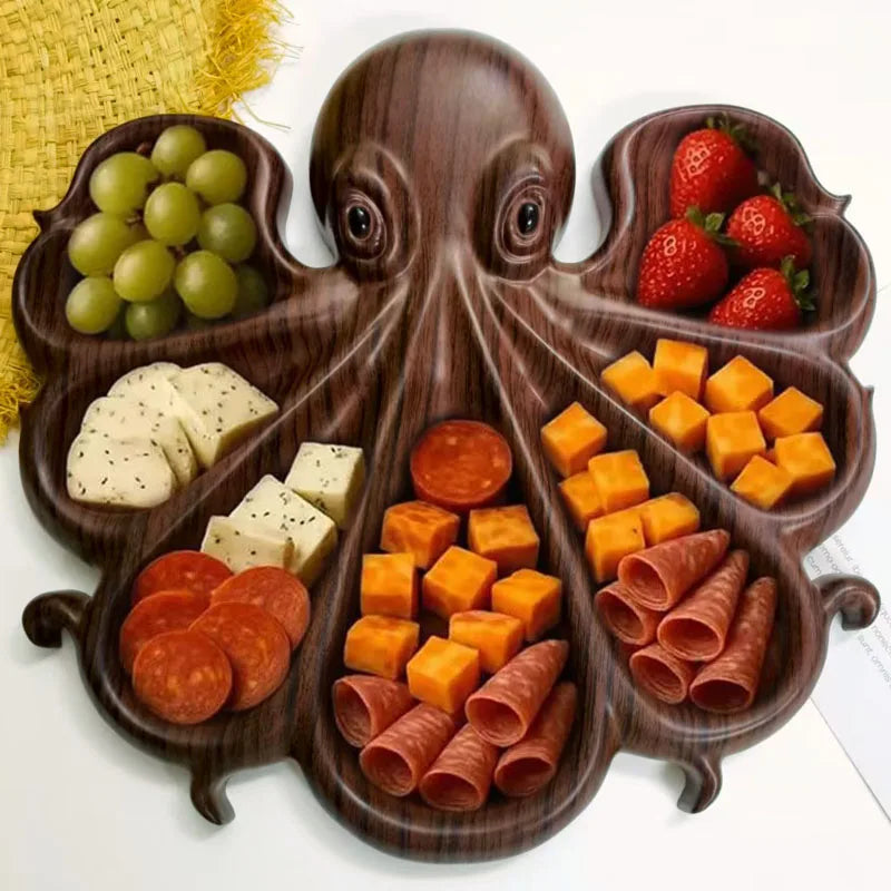 plateau alimentaire forme octopus compartiments couleur rose effet bois décoratif marron ludique transparent