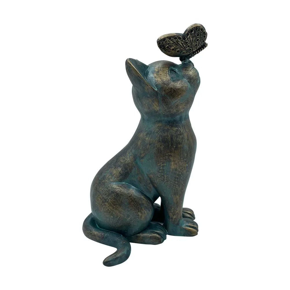 statue decorative chat papillon vert bronze marron resine patio jardin animalier texturé patine