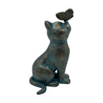 statue decorative chat papillon vert bronze marron resine patio jardin animalier texturé patine