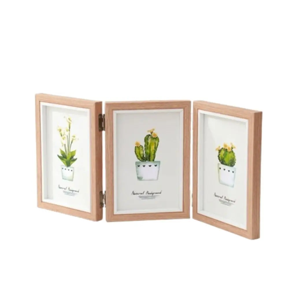 cadre photo pliable bois grainé beige portraits triptyque décoration champêtre