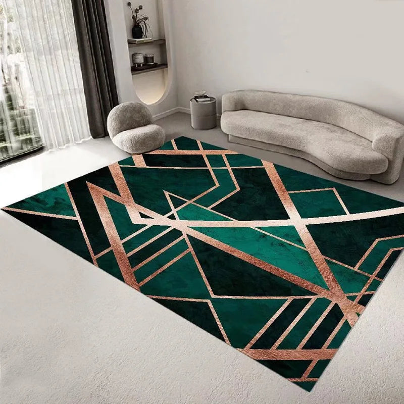 Tapis moderne aux motifs géométriques en vert émeraude et or rose dans un intérieur minimaliste.