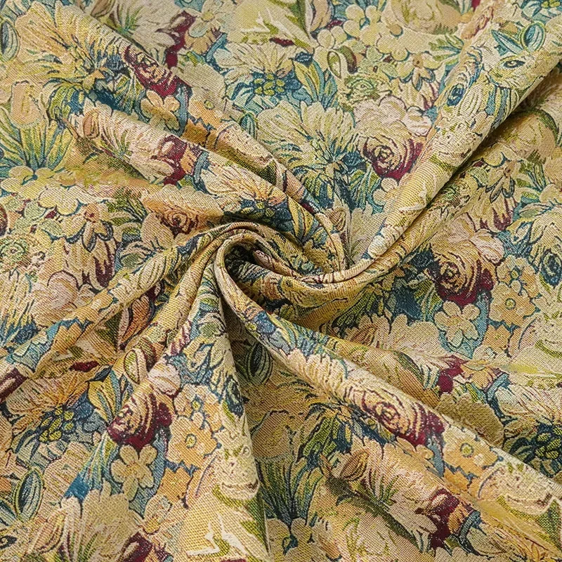 tissu polyester jaune vert rouge fleurs lièvres motif floral sacs vêtements coussins décoration rétro