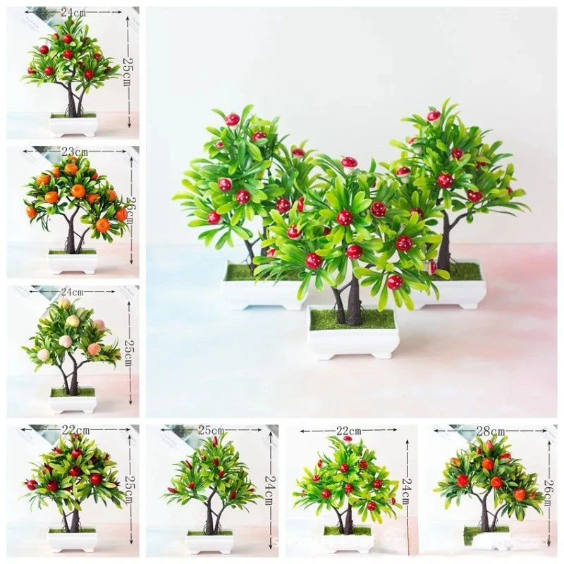 plantes artificielles bonsaï pot blanc fruits oranges rouges feuilles vertes décoration extérieure anniversaire expositionextérieur