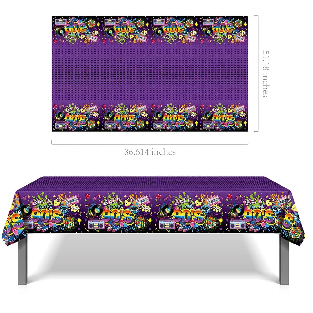 nappe jetable 90s anniversaire graphique cassette audio noir rose jaune bleu festive retrogaming tableDecoration