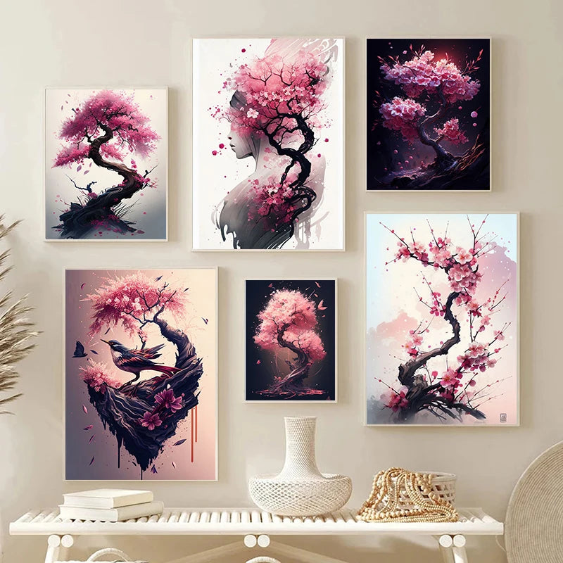 tableau toile art mural fleurs cerisier rose abstrait moderne cadre doré décoration salon