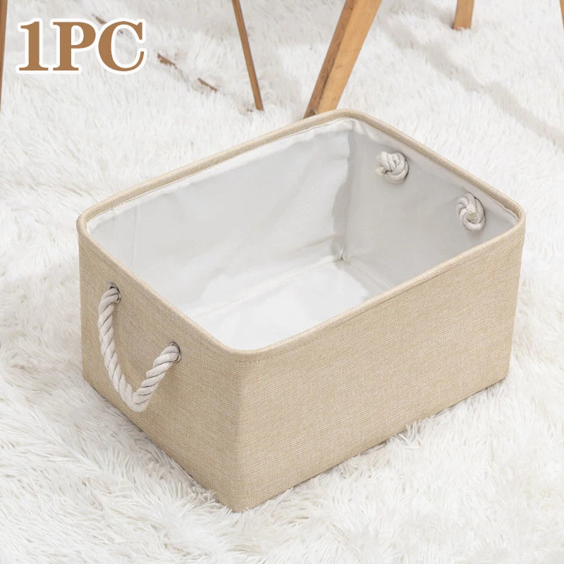 paniers rangement toile lin gris bleu rose beige pliables réutilisables moderne rustique poignées corde