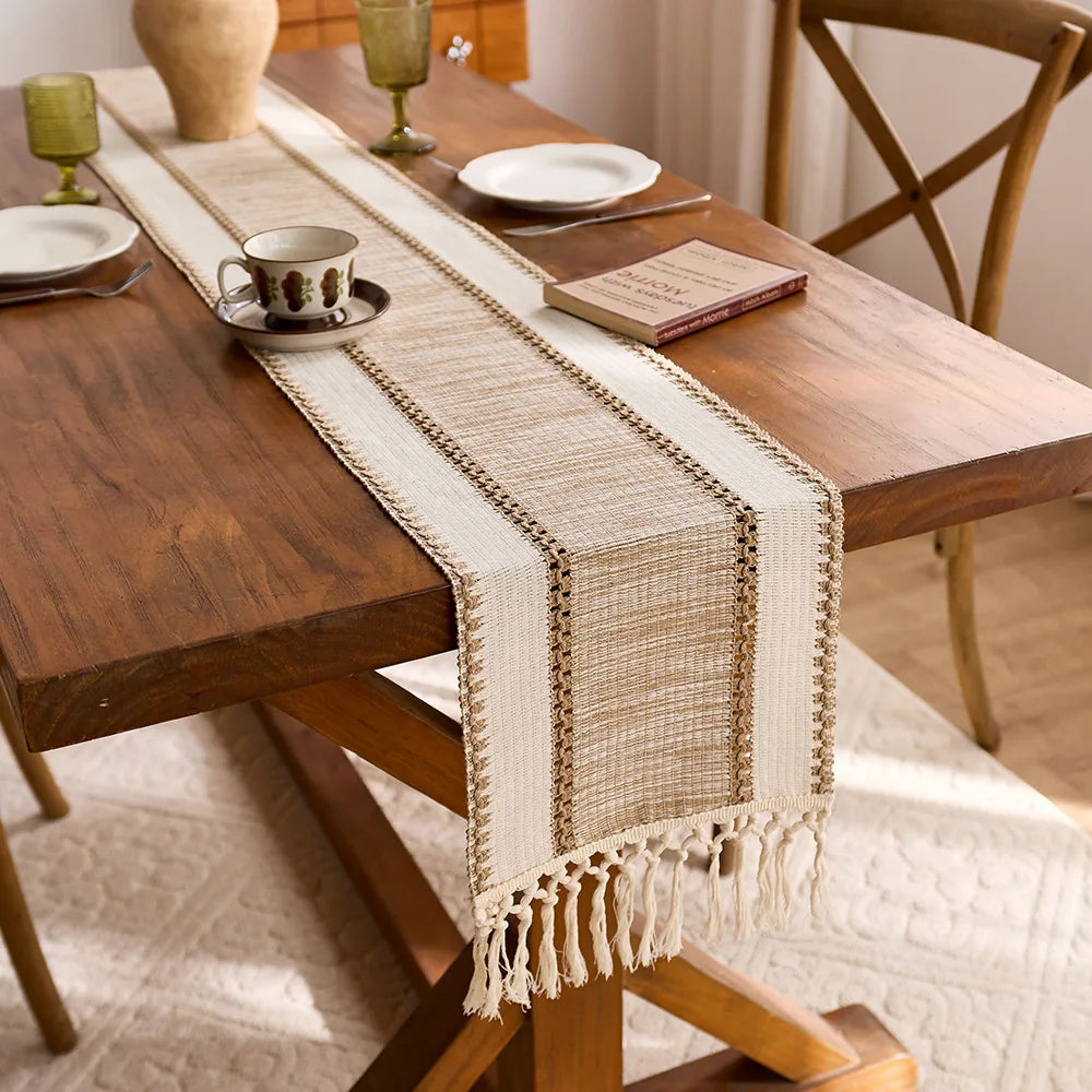 chinois boho chic chemin table géométrique franges beige clair tissé durable maison hiver été