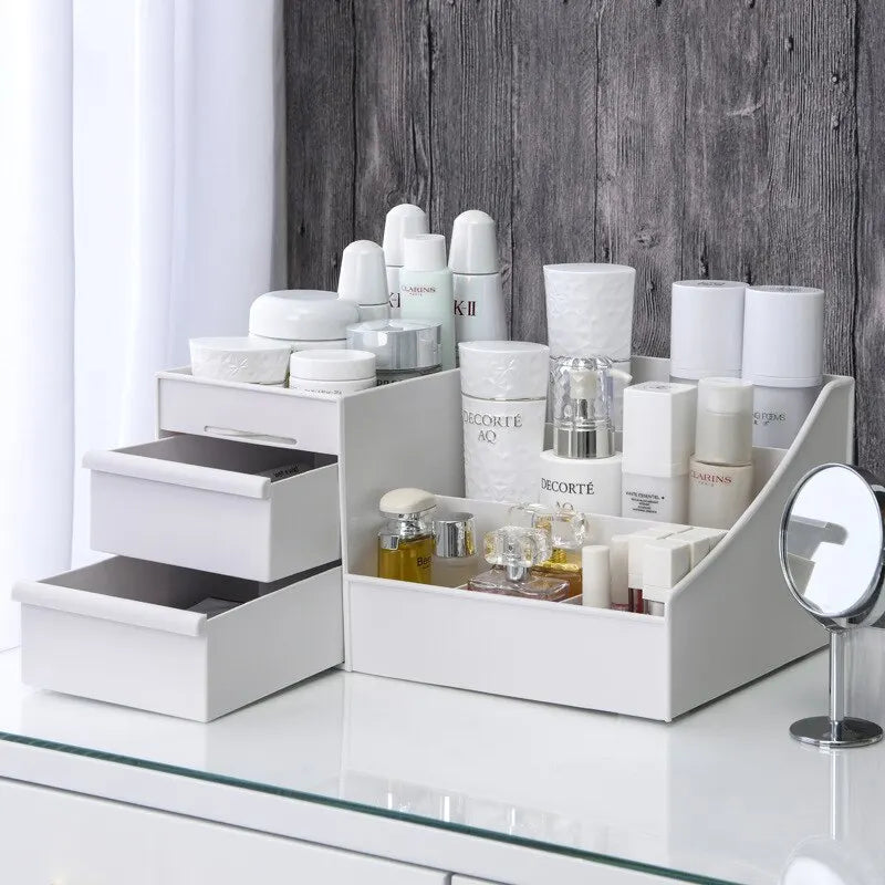 boîte rangement cosmétique blanc moderne plastique opacité organisation coiffeuse chambre