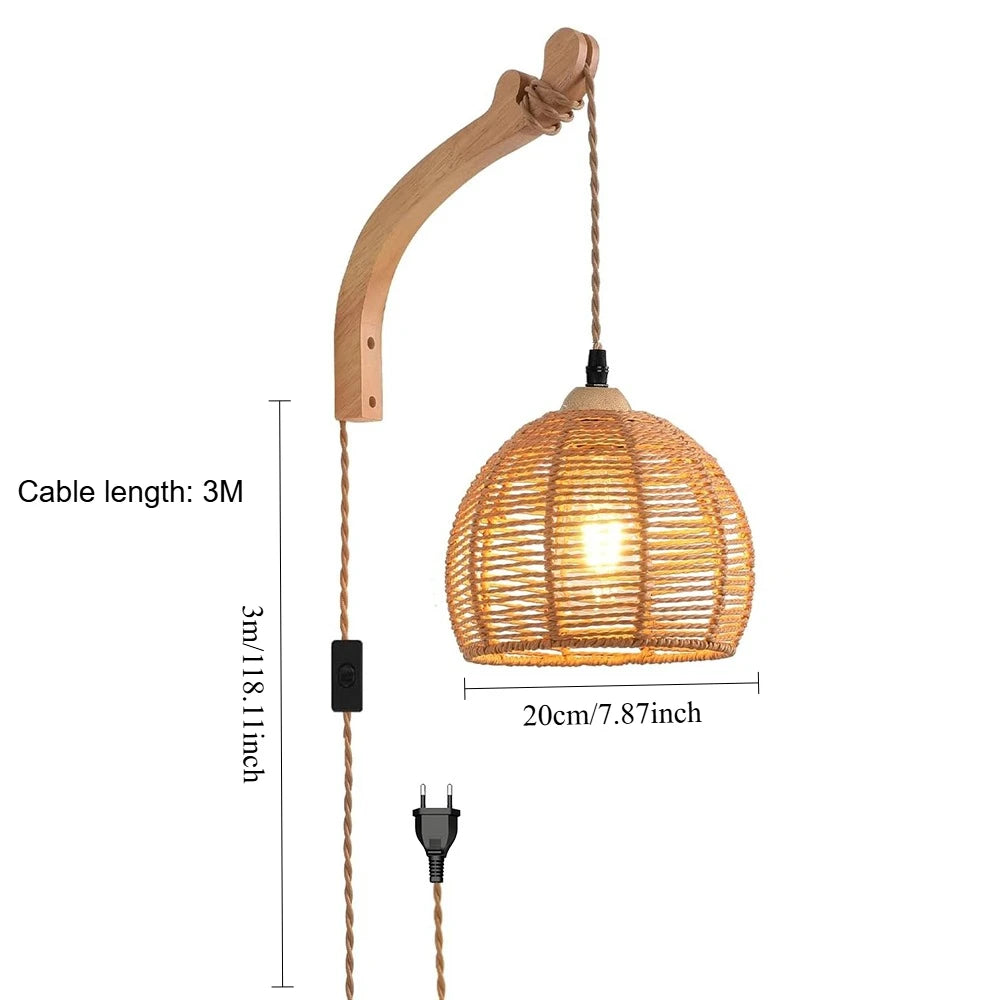 lampe murale suspendue tressée abatjour bois bohème rustique scandinave éclairage quotidien beige clair marronclair