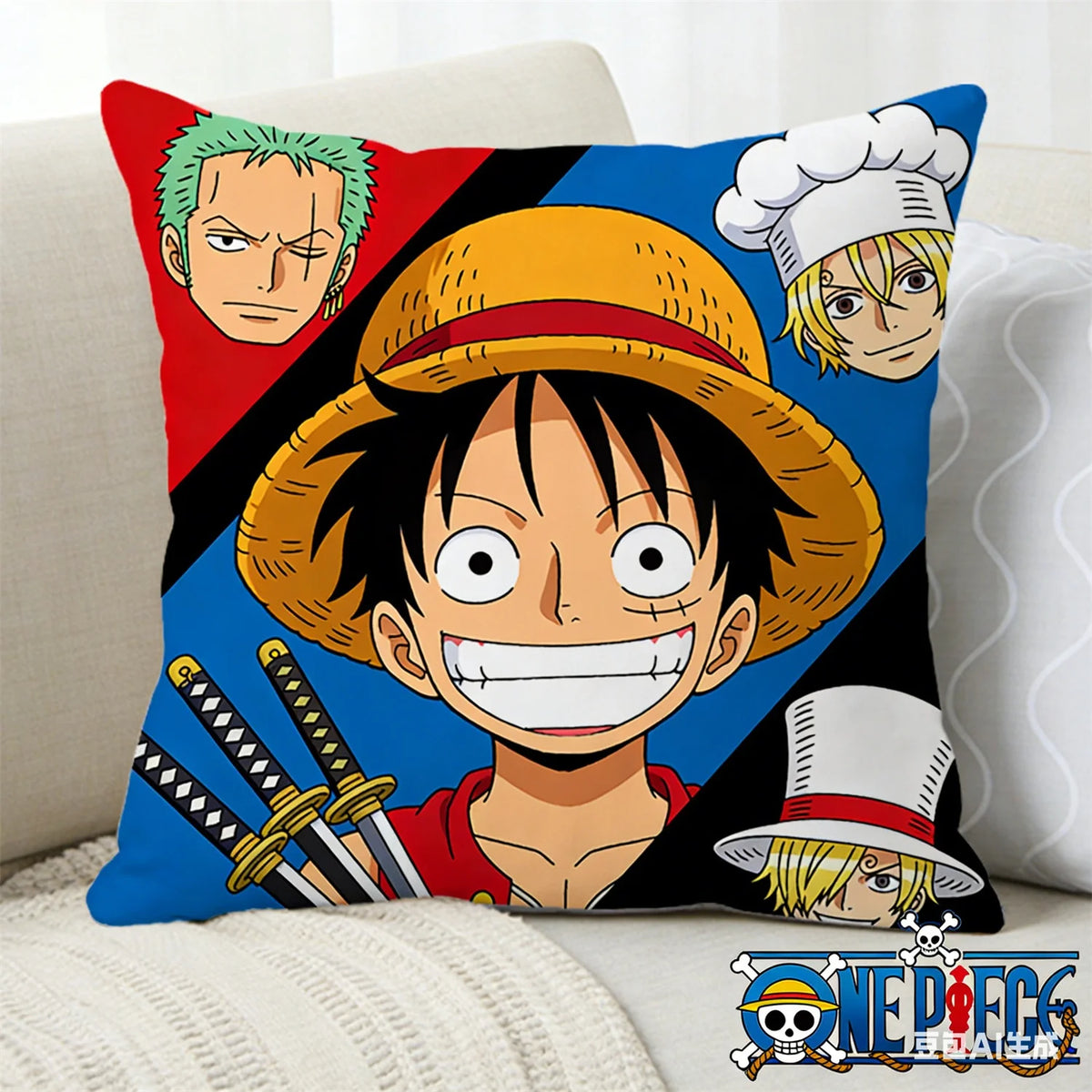 housse coussin One Piece motif Luffy rouge bleu noir polyestère cartoon salon chambre coucher