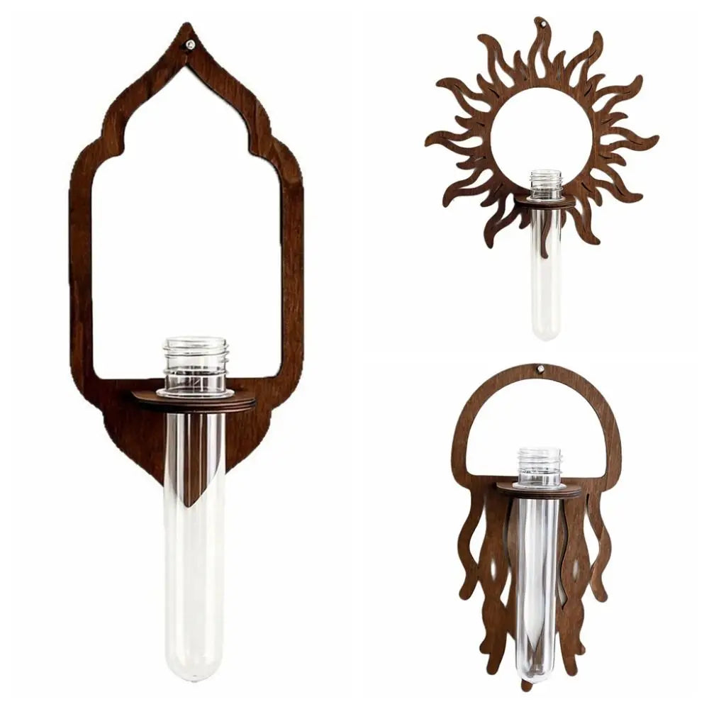 panier fleurs bois décoratif support mur transparent tubes verre arches soleil pieuvre bohème rustic