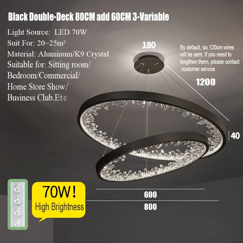 suspension lumineuse moderne or noir strass circulaire chambre salon led