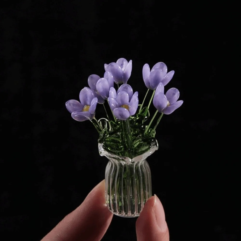 bouquet artificiel violet jaune vert blanc bleu orange feuilles vertes miniature vase transparent six