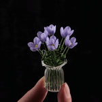 bouquet artificiel violet jaune vert blanc bleu orange feuilles vertes miniature vase transparent six
