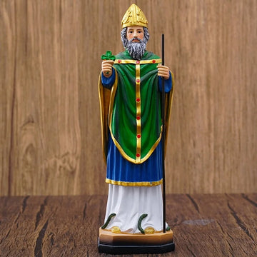 statue saint patrick résine trèfle serpent base décor religieux traditionnel trèfle or vert bleu