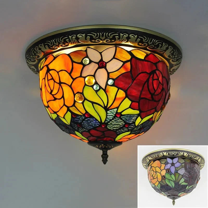 Lampe Art Nouveau Tiffany multicolore motifs floraux verre coloré opalescent trois ampoules E27