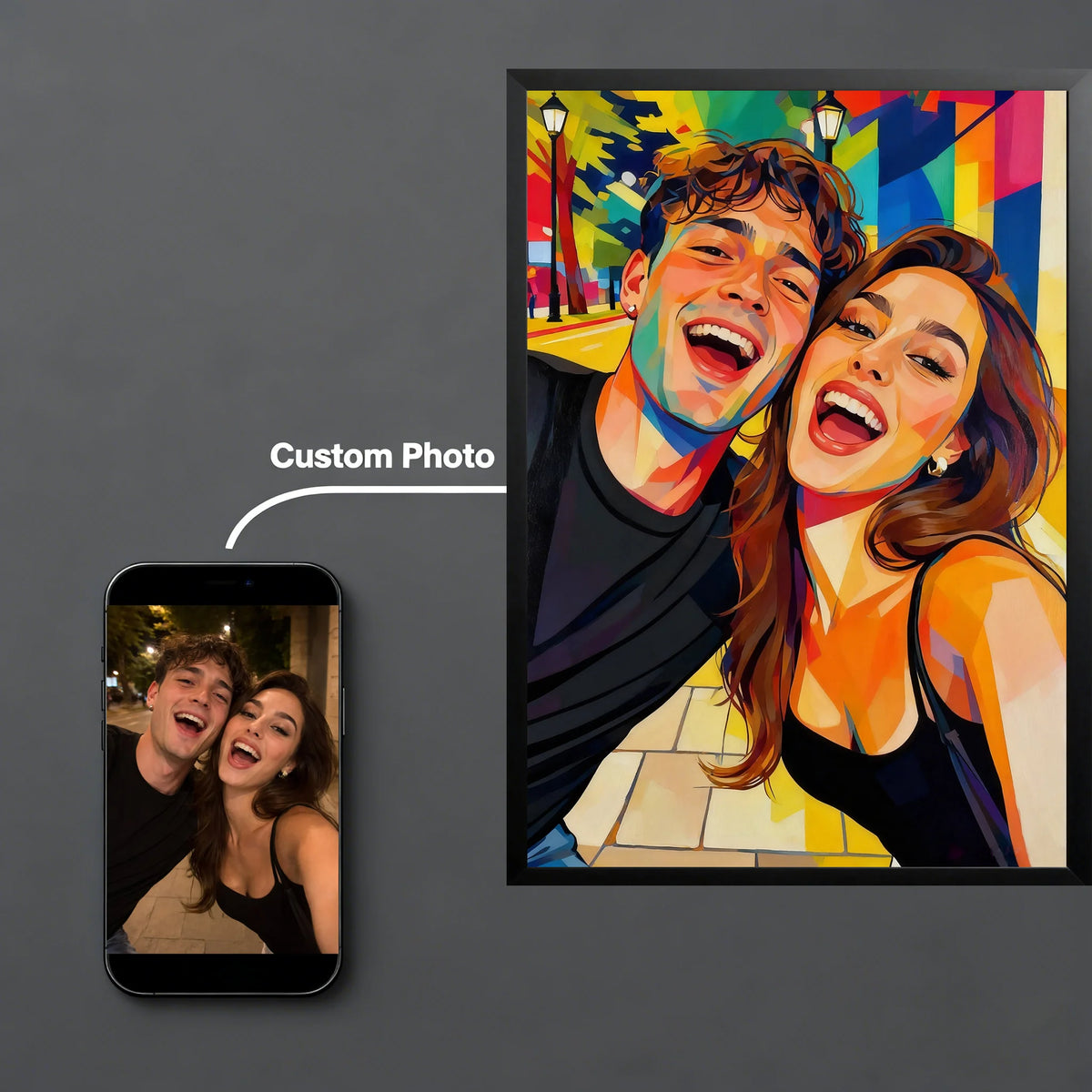 affiche personnalisée pop art moderne multicolore noir cadre photo décoration murale intérieur couple famille