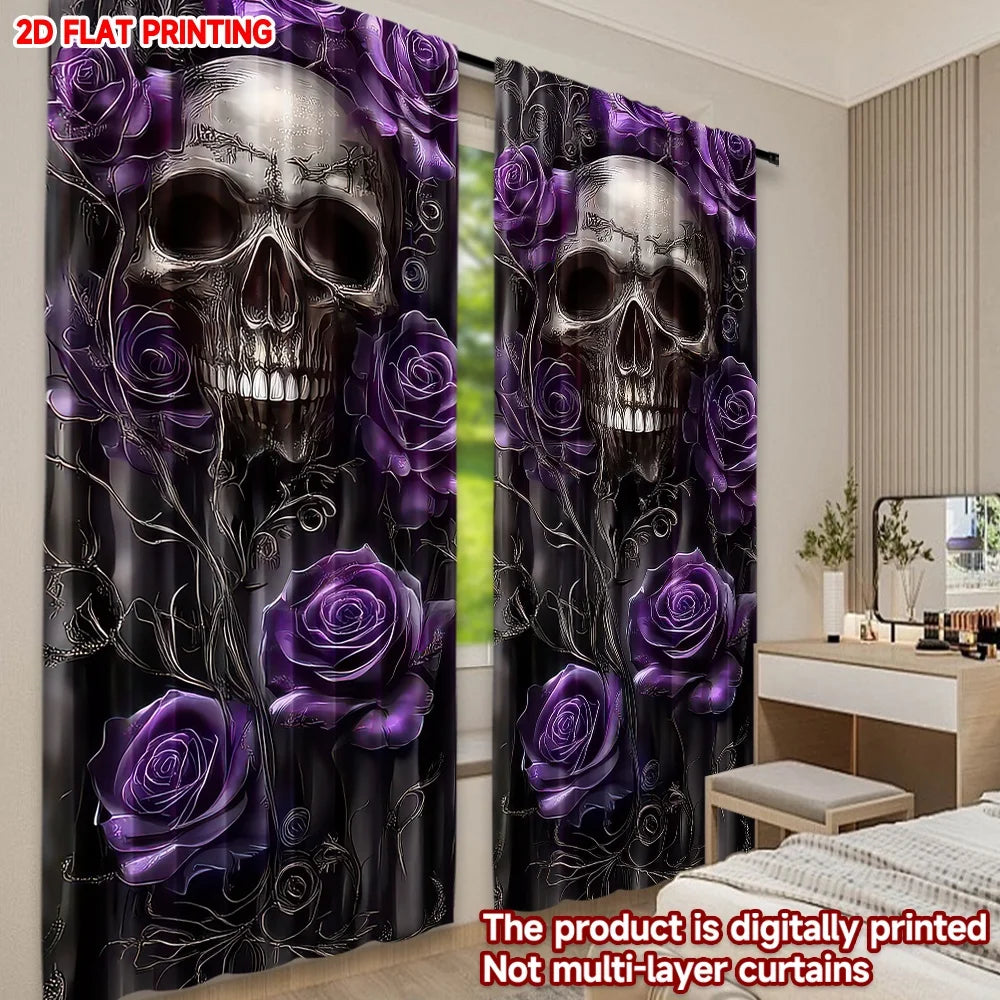 rideau noir violet crâne roses stylisés polyester moderne gothique halloween festif 132x240cm
