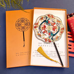 éventail traditionnel brodé oiseaux fleurs chinois rouge bleu doré poignée pompon