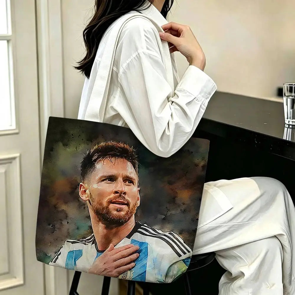 sac main blanc bleu clair rayures messi 10 polyestère réutilisable moderne graphique poignées détachables