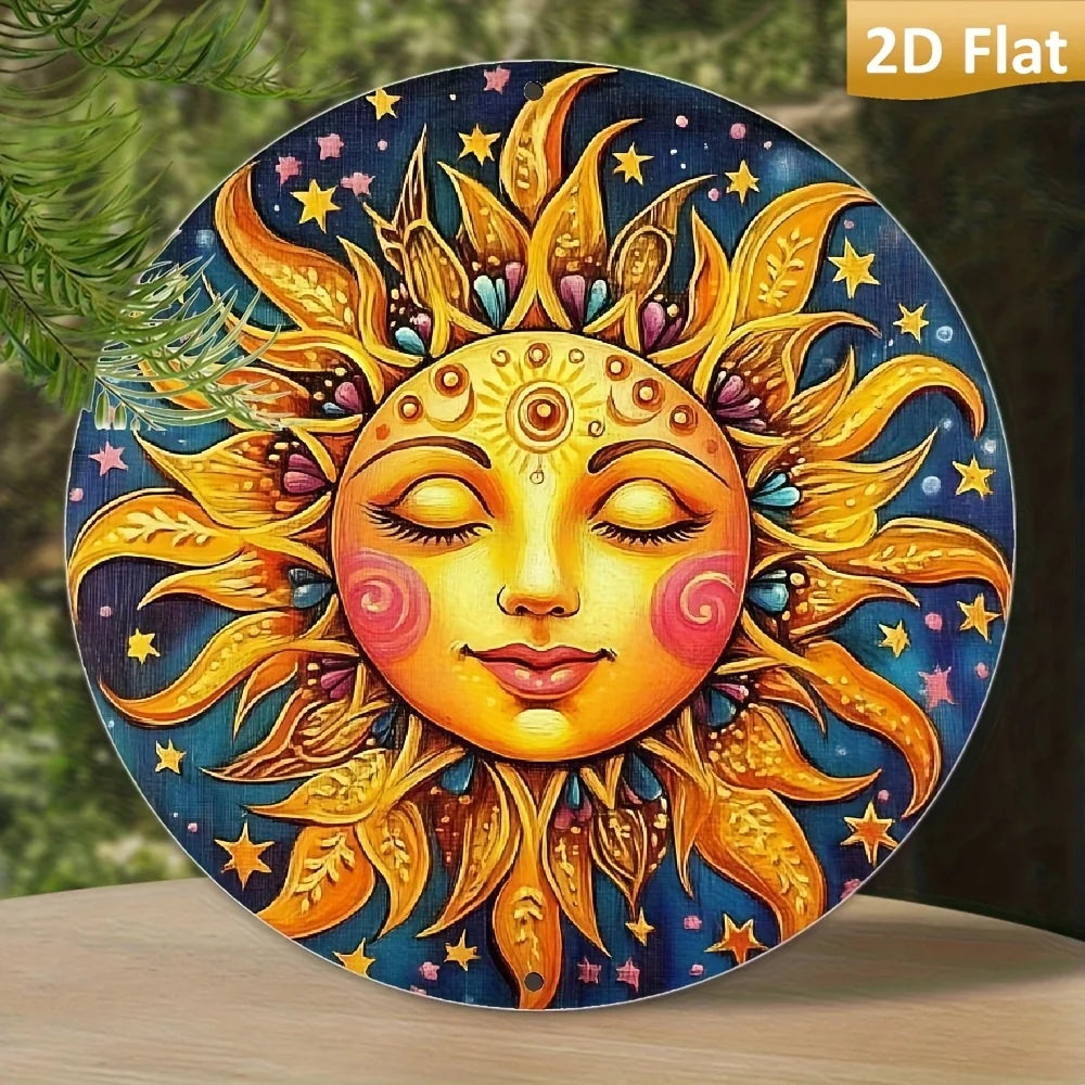 décoration murale plaque métal rond soleil étoiles motifs floraux artisanal or jaune bleu rose