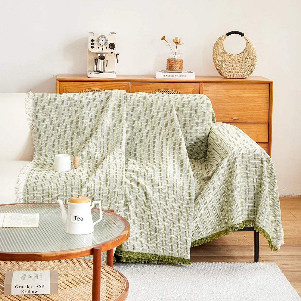 couverture géométrique moderne vert clair blanc polyester coton usage intérieur extérieur multisaison pique nique