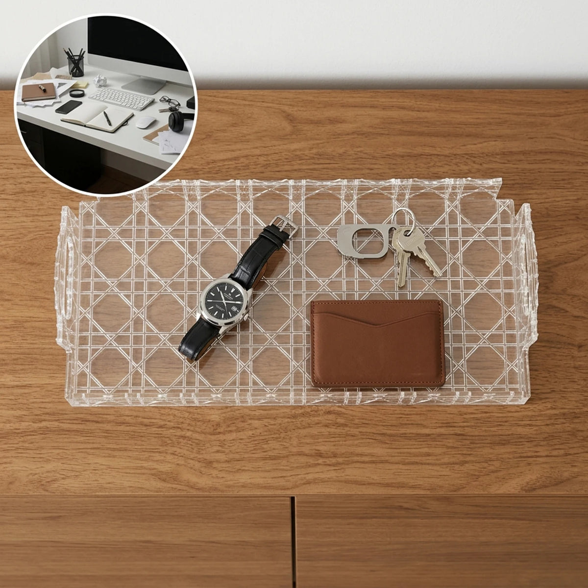 plateau transparent ajouré moderne décoration maison rangement articles divers losanges croisillons