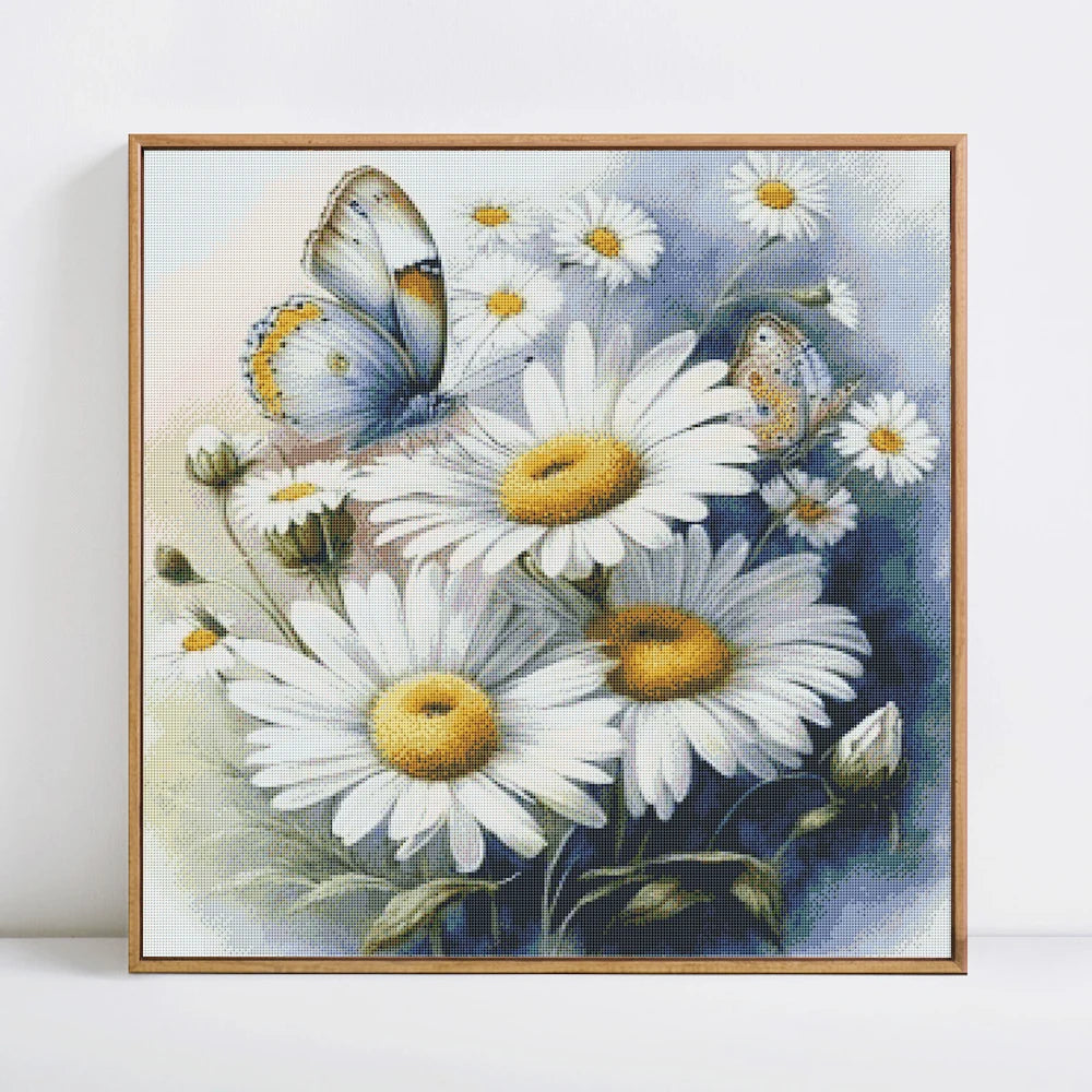 kit broderie point croix tableau fleurs papillons toile coton aiguilles fils plan complet