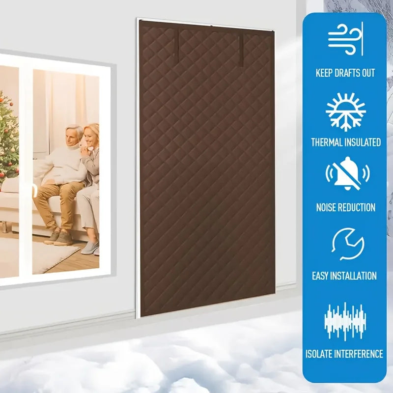 rideau porte thermique marron motif grille moderne opacité boucle rangement hiver isolation