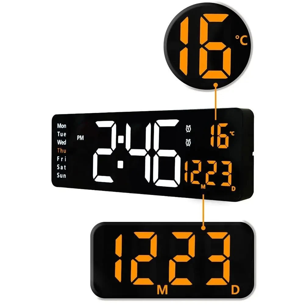 horloge murale numérique moderne alarme LED température noir blanc vert orange
